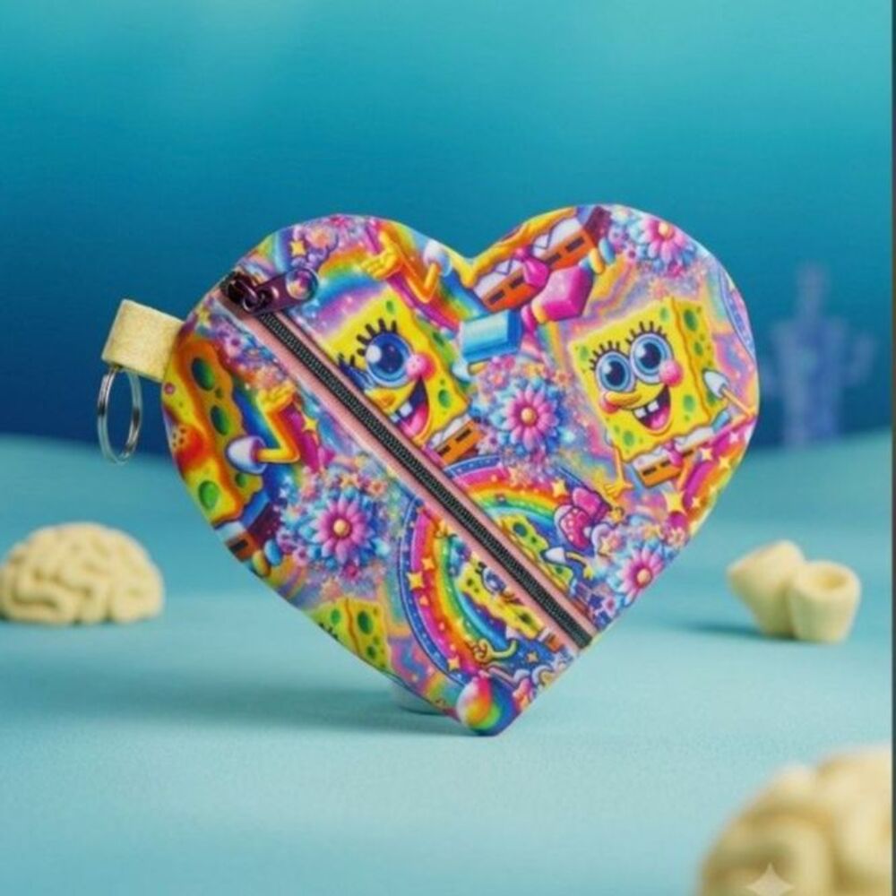 SpongeBob Rainbow Heart Pouch - Colorful Cartoon Keychain Accessory